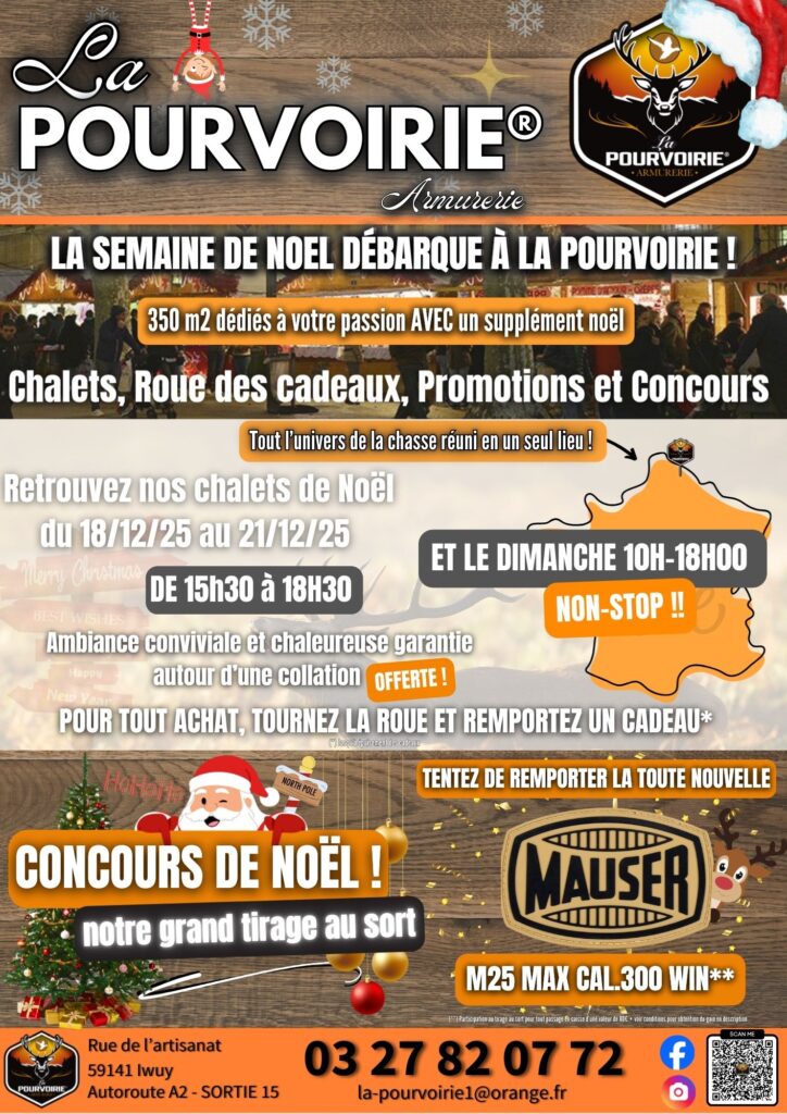 Plongez dans la magie de Noël à La Pourvoirie avec nos chalets et un tirage exceptionnel pour remporter une Mauser M25 Max !
