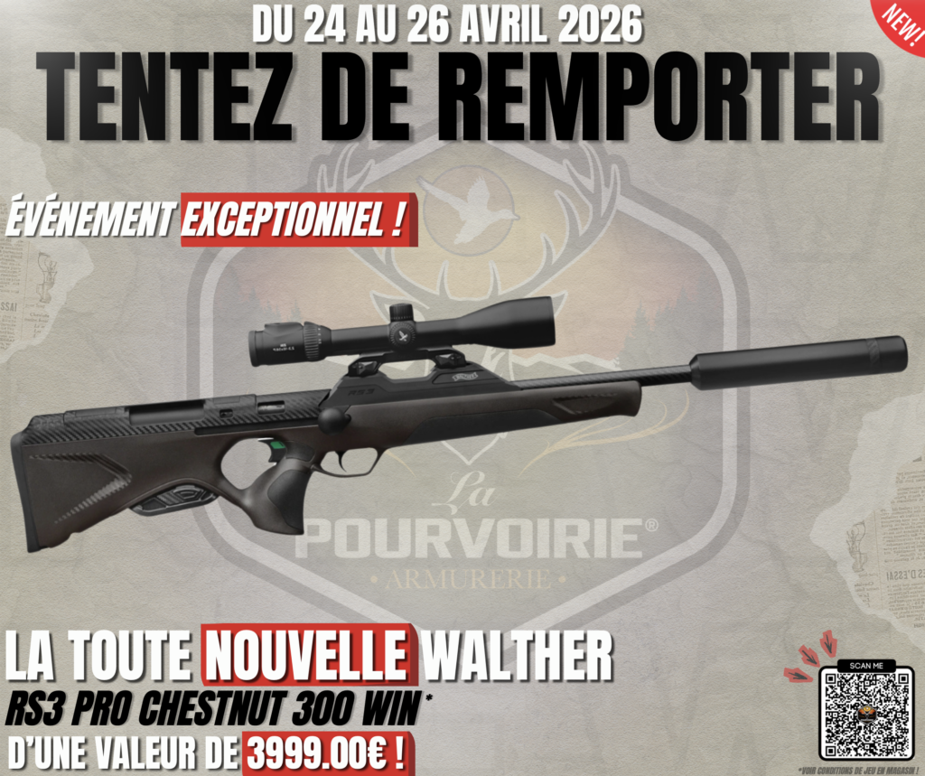 Tentez de remporter en exclusivité la Walther RS3 Pro Chestnut 300 Win Mag, une carabine inédite encore indisponible en France.
Un lot exceptionnel réservé aux participants des JPO 2026 à La Pourvoirie, à ne surtout pas manquer.